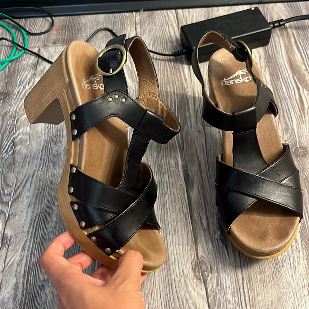 Dansko Black Leather Clog Sandal Heels